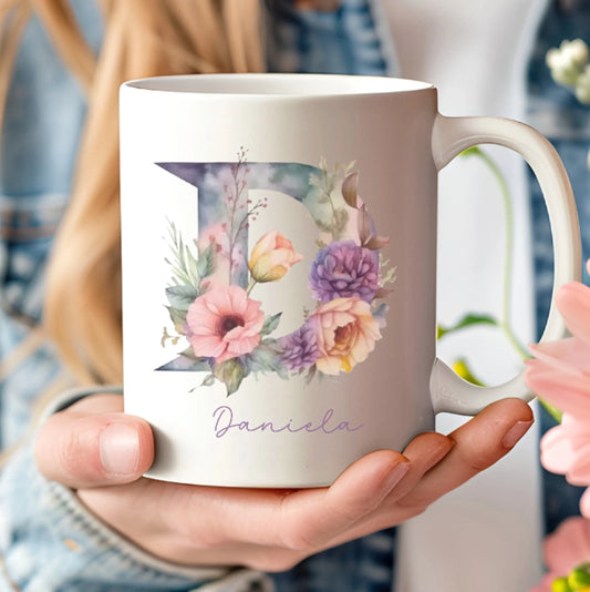 taza personalizada con dedicatoria trasera, nombre e inicial