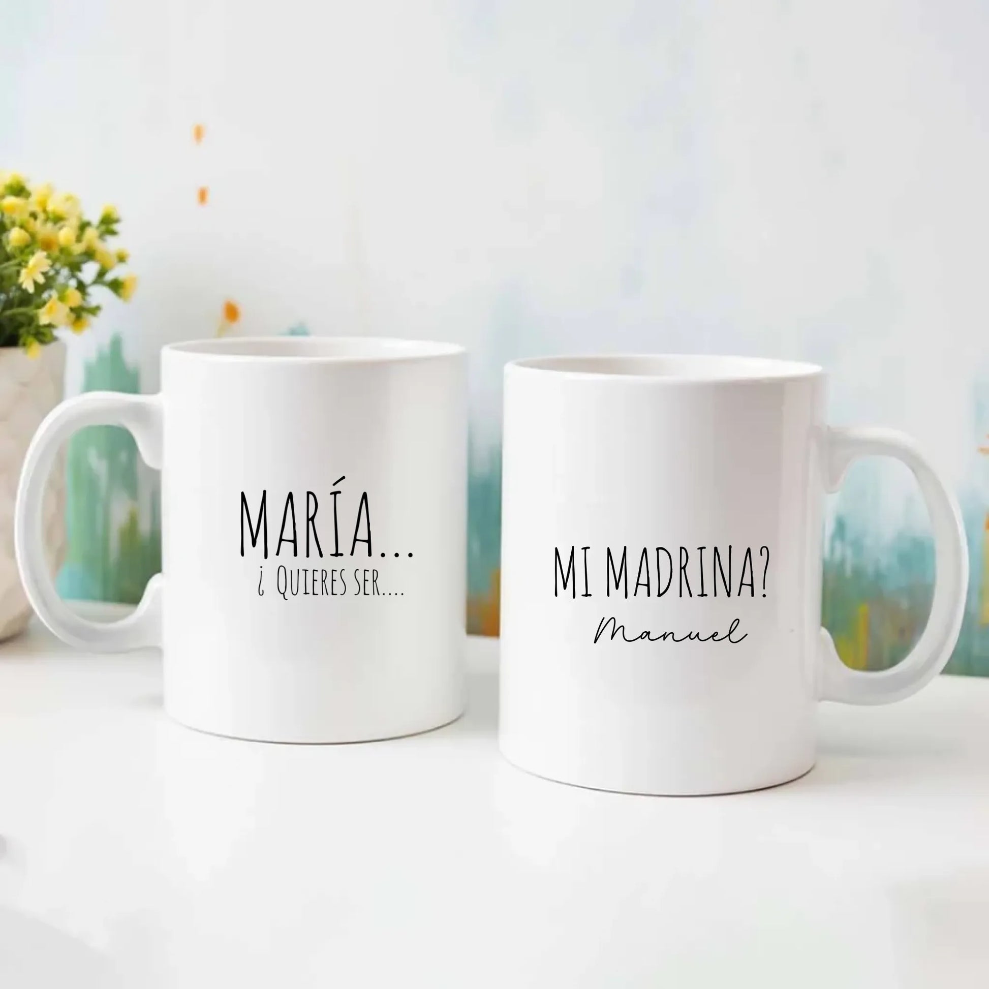 Taza personalizada a dos caras con texto editable online para pedir ser madrina