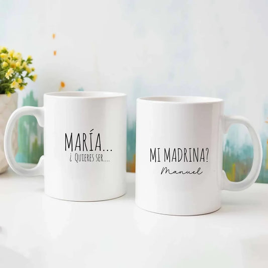 Taza personalizada a dos caras con texto editable online para pedir ser madrina