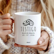 Taza personalizada Testigo con anillos, nombres y fecha; regalo original de boda, editable online