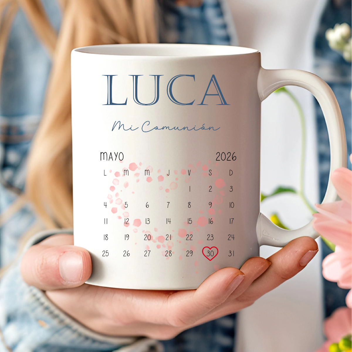 Taza personalizada para invitados con calendario y fecha