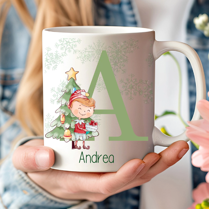 taza navideña personalizada con inicial y elfo
