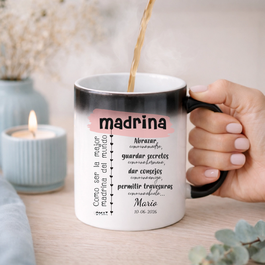 Taza mágica personalizada con dedicatoria para regalar a madrina y padrino de bautizo, boda  y comunión