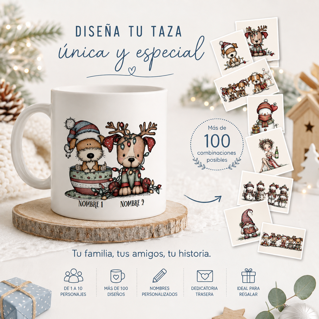 Taza personalizada de Navidad con ilustraciones de perritos, nombres personalizables, dedicatoria trasera y diseños editables de 1 a 10 personajes para regalar en Navidad.