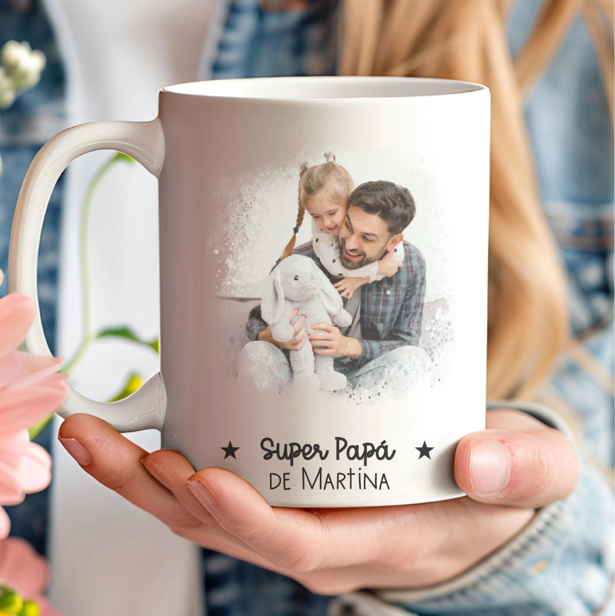 Taza personalizada con foto estilo acuarela y nombre para el Día del Padre