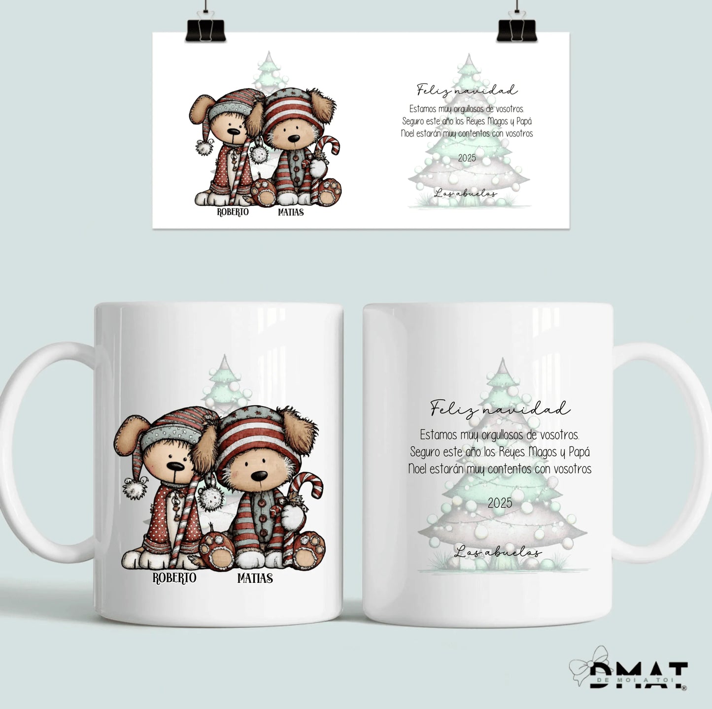 taza con nombres, frases y perros navideños personalizados  