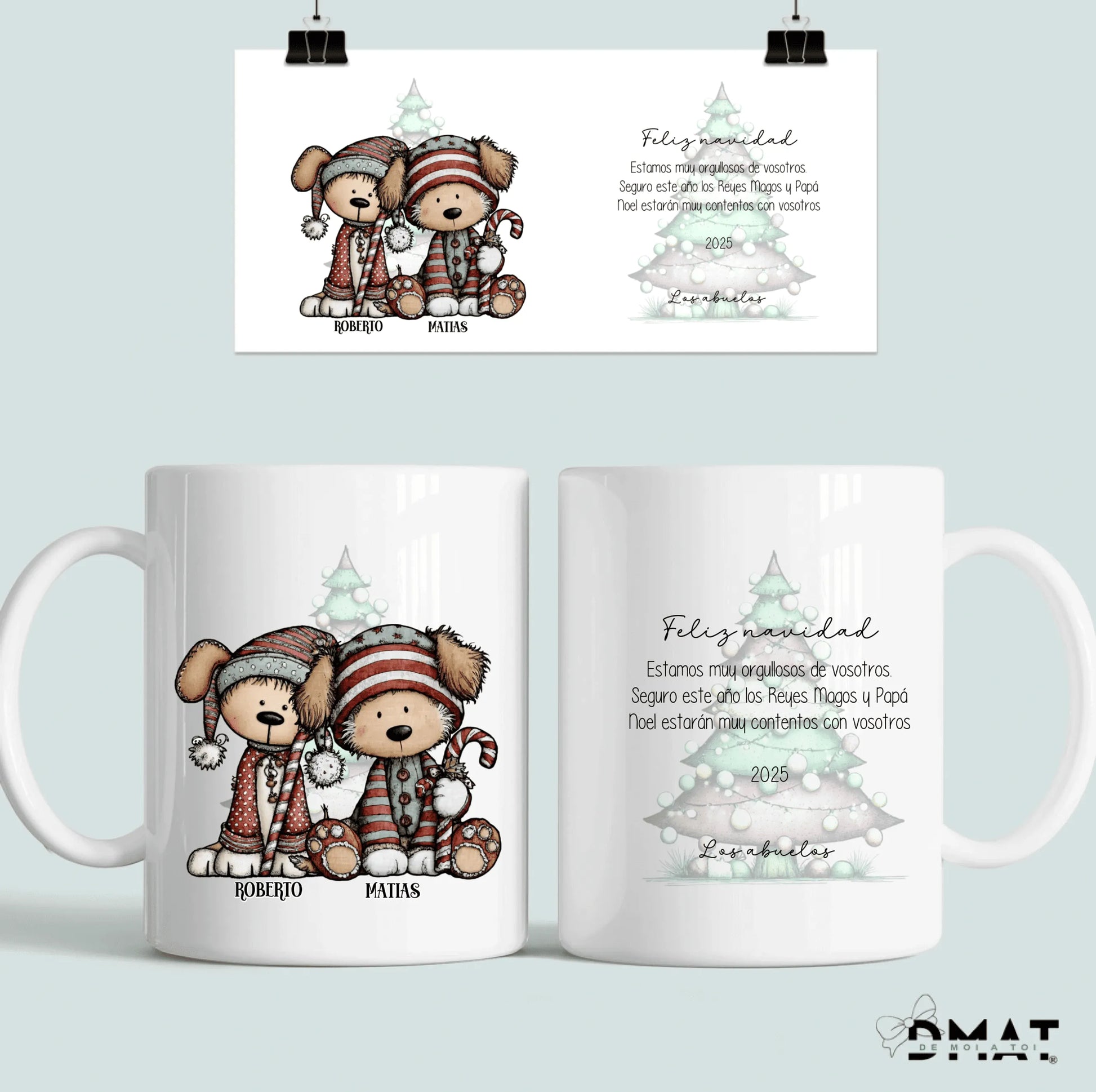 taza con nombres, frases y perros navideños personalizados  