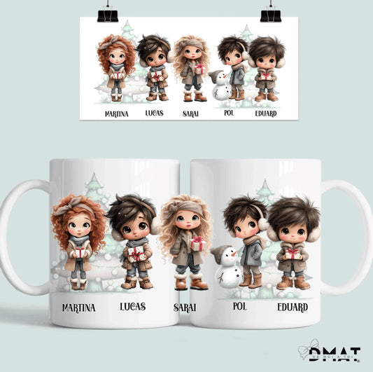 taza con nombres y personajes escolares personalizados