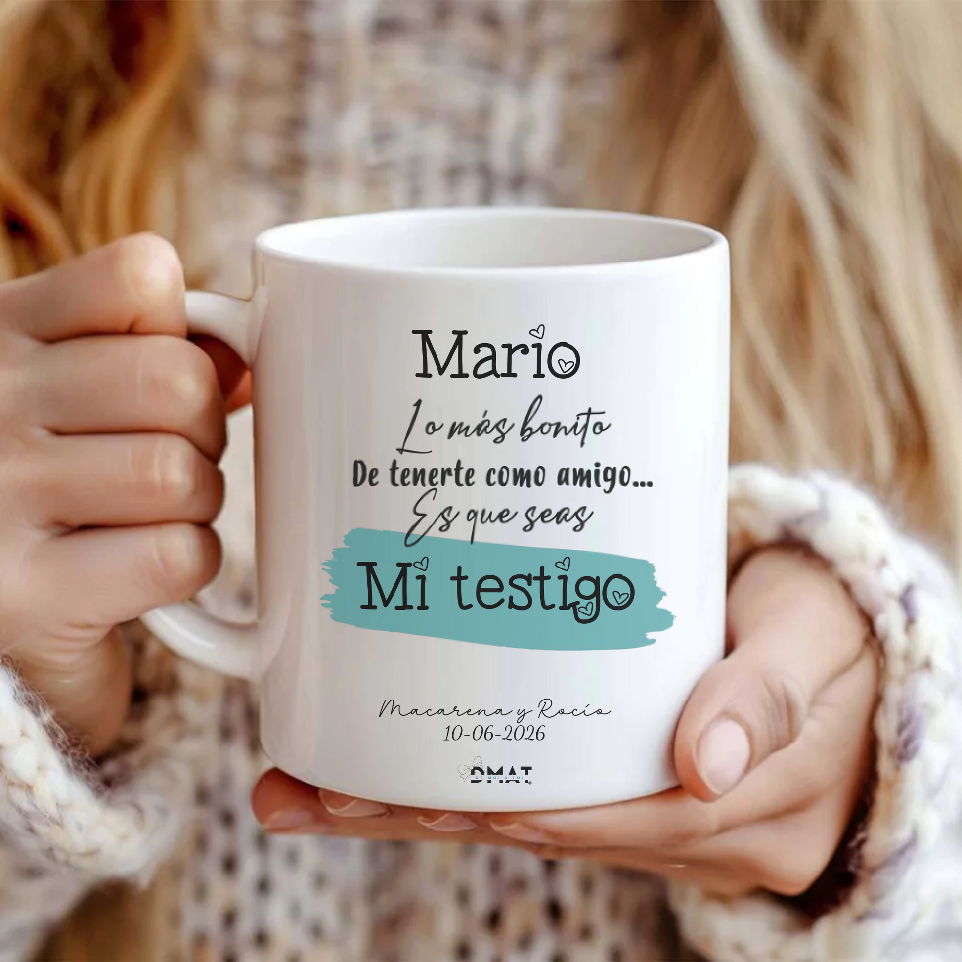 Taza personalizada con dedicatoria y nombre para amigo de boda