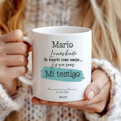 Taza personalizada con dedicatoria y nombre para amigo de boda