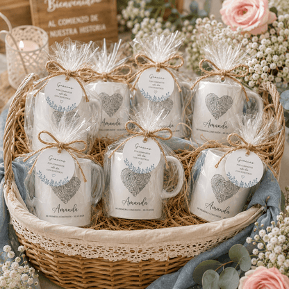 Taza personalizada con diseño botánico elegante como detalle de recuerdo para invitados de boda o celebración