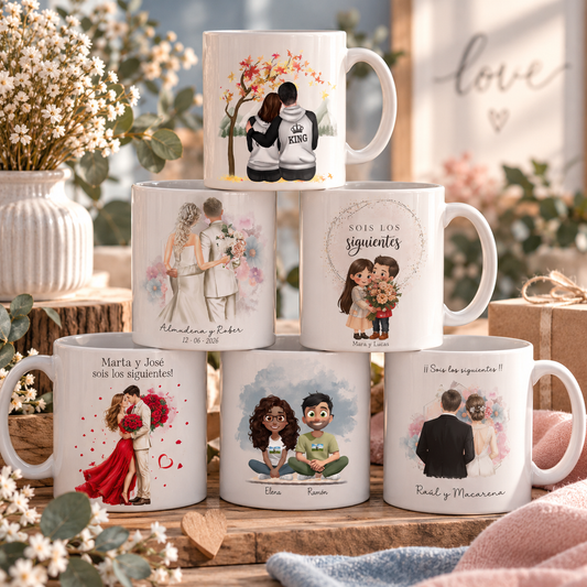 Pack de dos tazas personalizadas como regalo original para los siguientes en casarse⠋