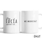 Taza a doble cara para pedir padrino y madrina; personalización en vivo