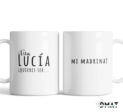 Taza a doble cara para pedir padrino y madrina; personalización en vivo