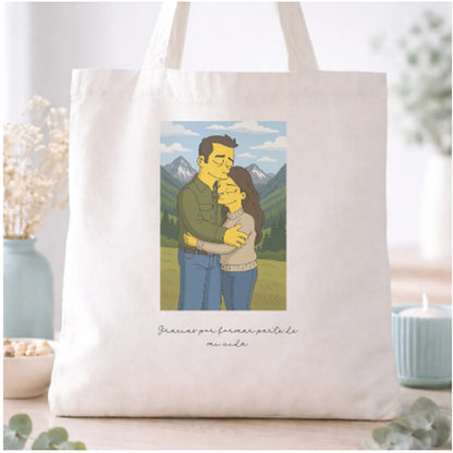 Totebag con caricatura estilo Simpson y dedicatoria personalizada, regalo para profesoras o compañeras
