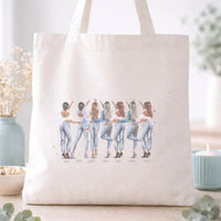 Totebag personalizada con ilustración de 8 amigas en vaqueros – Regalo damas de honor