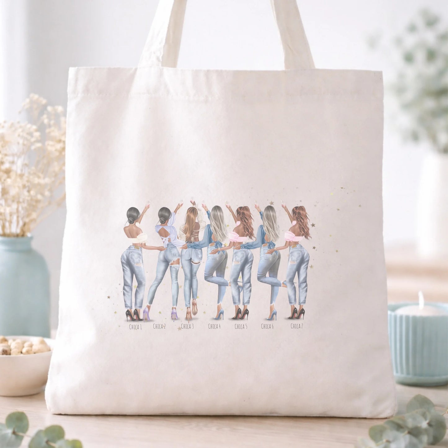 Totebag personalizada con ilustración de 8 amigas en vaqueros – Regalo damas de honor