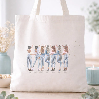 Totebag personalizada con ilustración de 8 amigas en vaqueros – Regalo damas de honor