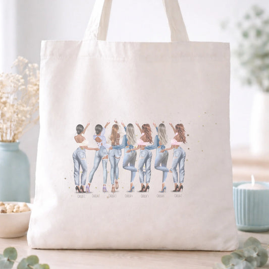 Totebag personalizada con ilustración de 8 amigas en vaqueros – Regalo damas de honor