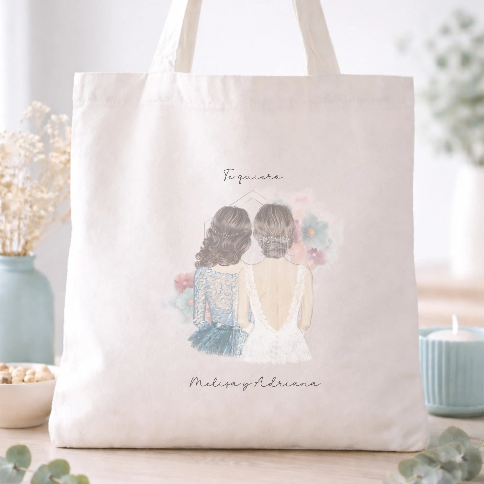 Totebag personalizada con ilustración de novia y dama de honor con arco floral – Regalo boda