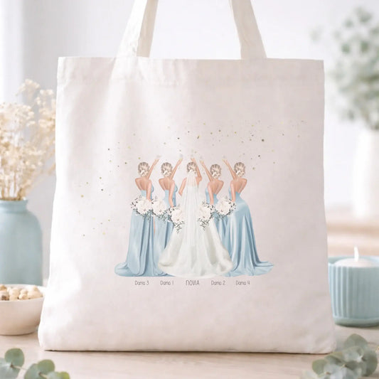 Totebag personalizada con ilustración de damas de honor con vestidos – Detalle de boda
