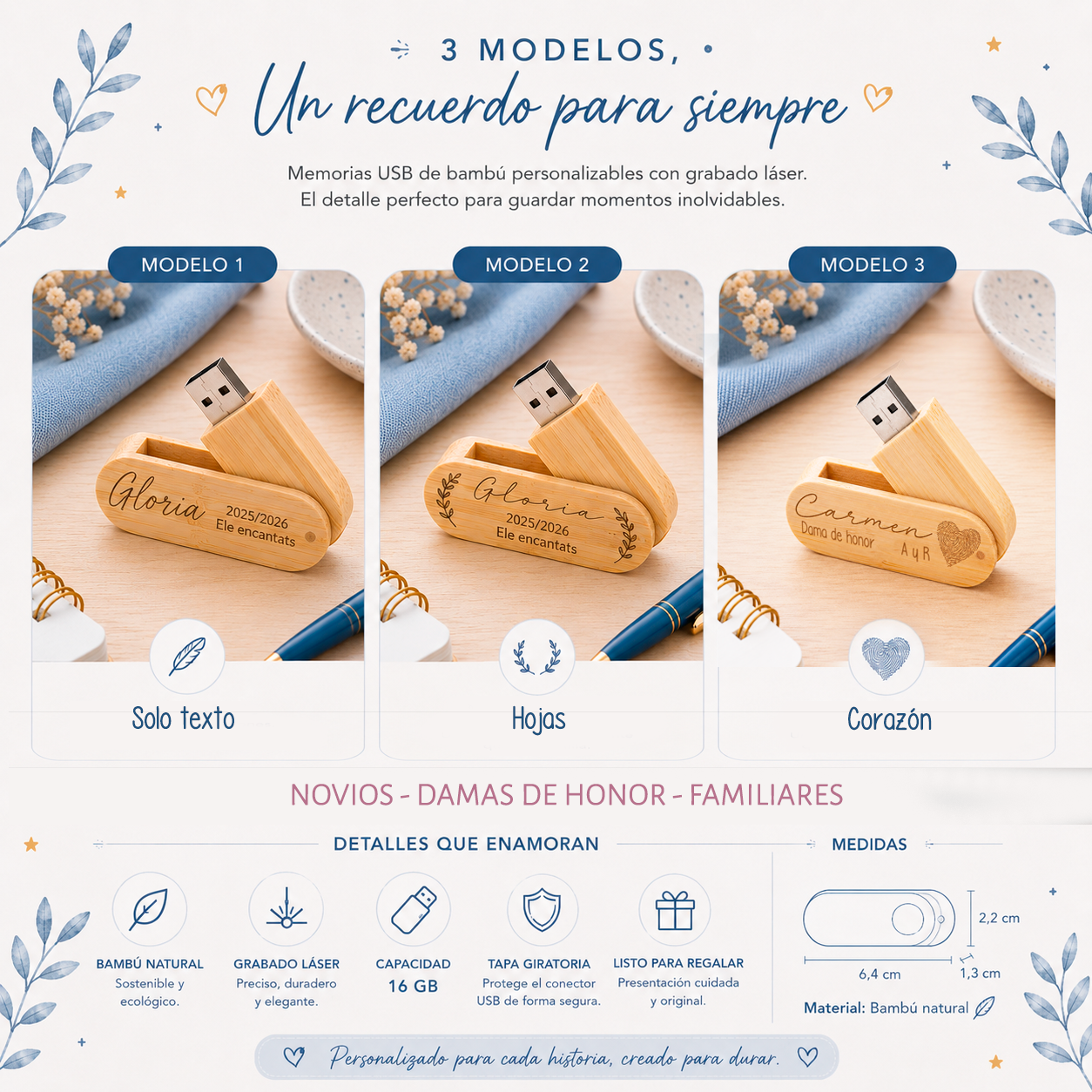 USB de Bambú Personalizado para Boda - Recuerdo con Fotos y Música