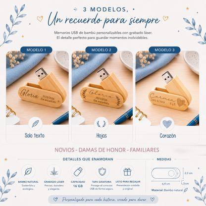 USB de Bambú Personalizado para Boda - Recuerdo con Fotos y Música