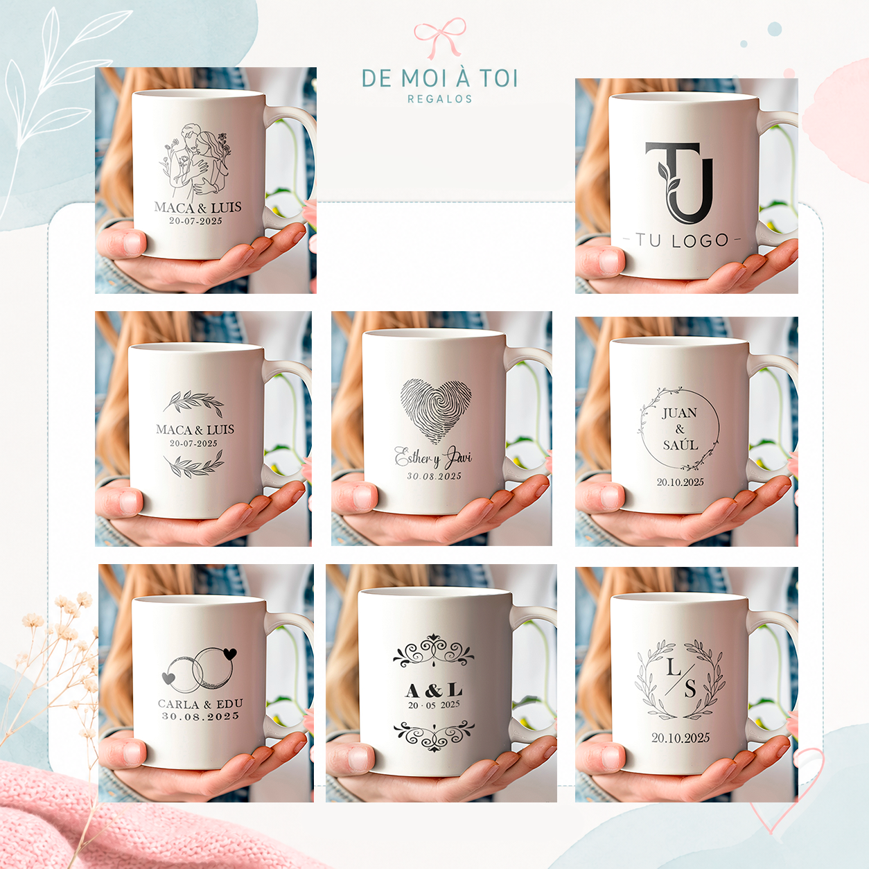 Tazas personalizadas económicas para invitados con diseños minimalistas