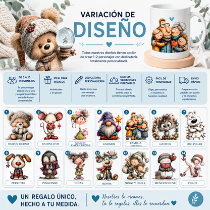 Variaciones de diseños para tazas personalizadas de Navidad con más de 100 ilustraciones disponibles, personajes editables de 1 a 10, nombres personalizados y dedicatoria trasera.