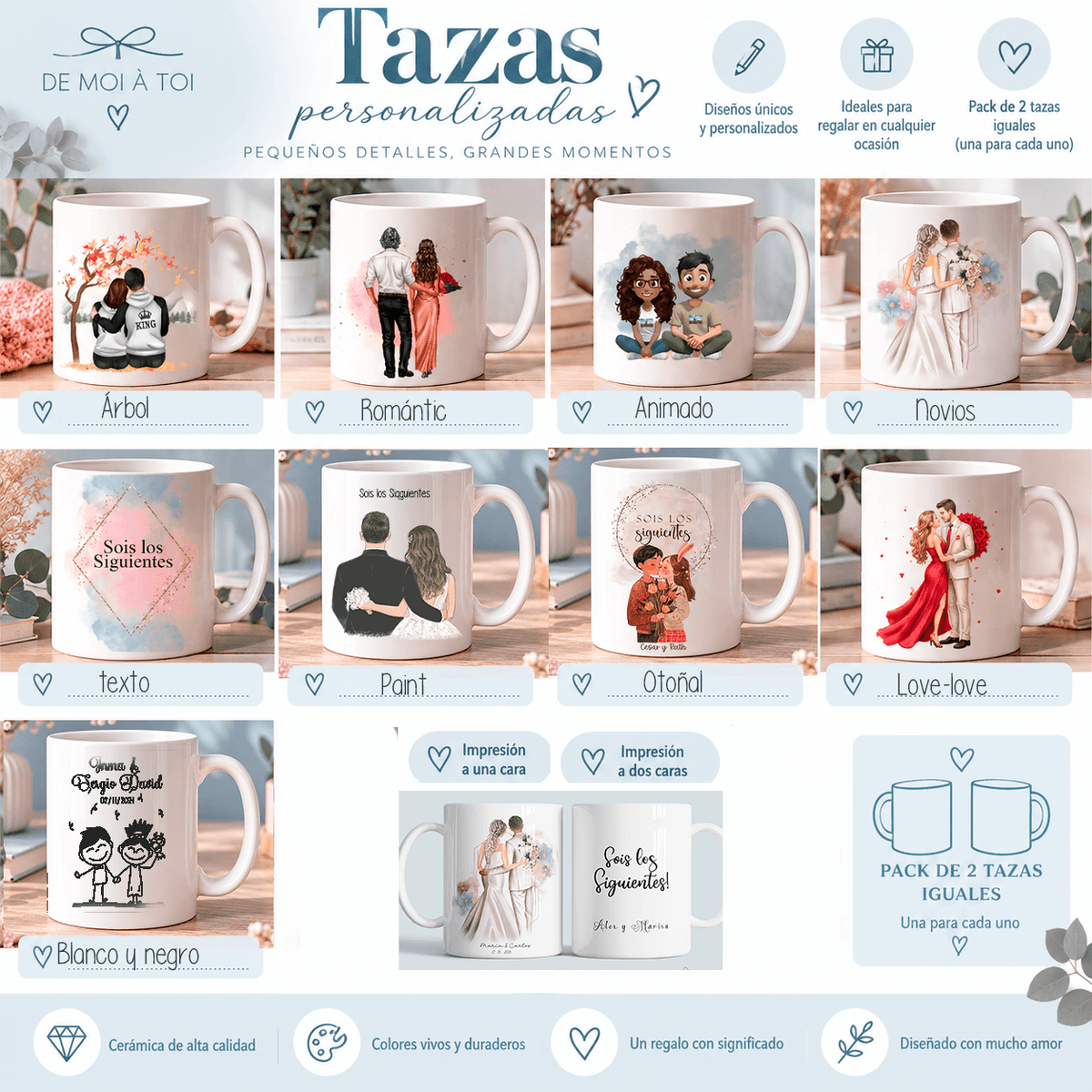 Diseños tazas personalizadas con ilustración de pareja · regalo para los siguientes en casarse · De Moi à Toi