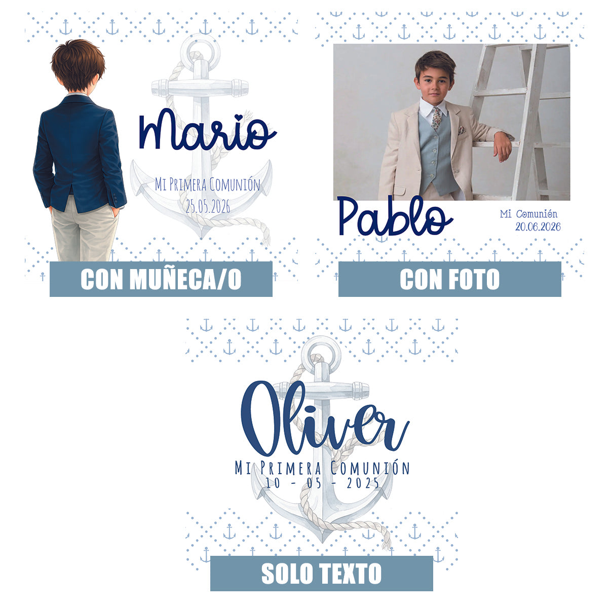 Opciones de personalización para detalles de comunión: diseño con muñeco ilustrado, con foto del niño o niña, con ilustración infantil personalizada o solo texto con nombre y fecha.