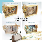 Hucha personalziada para los siguientes de boda con foto y flores naturales 
