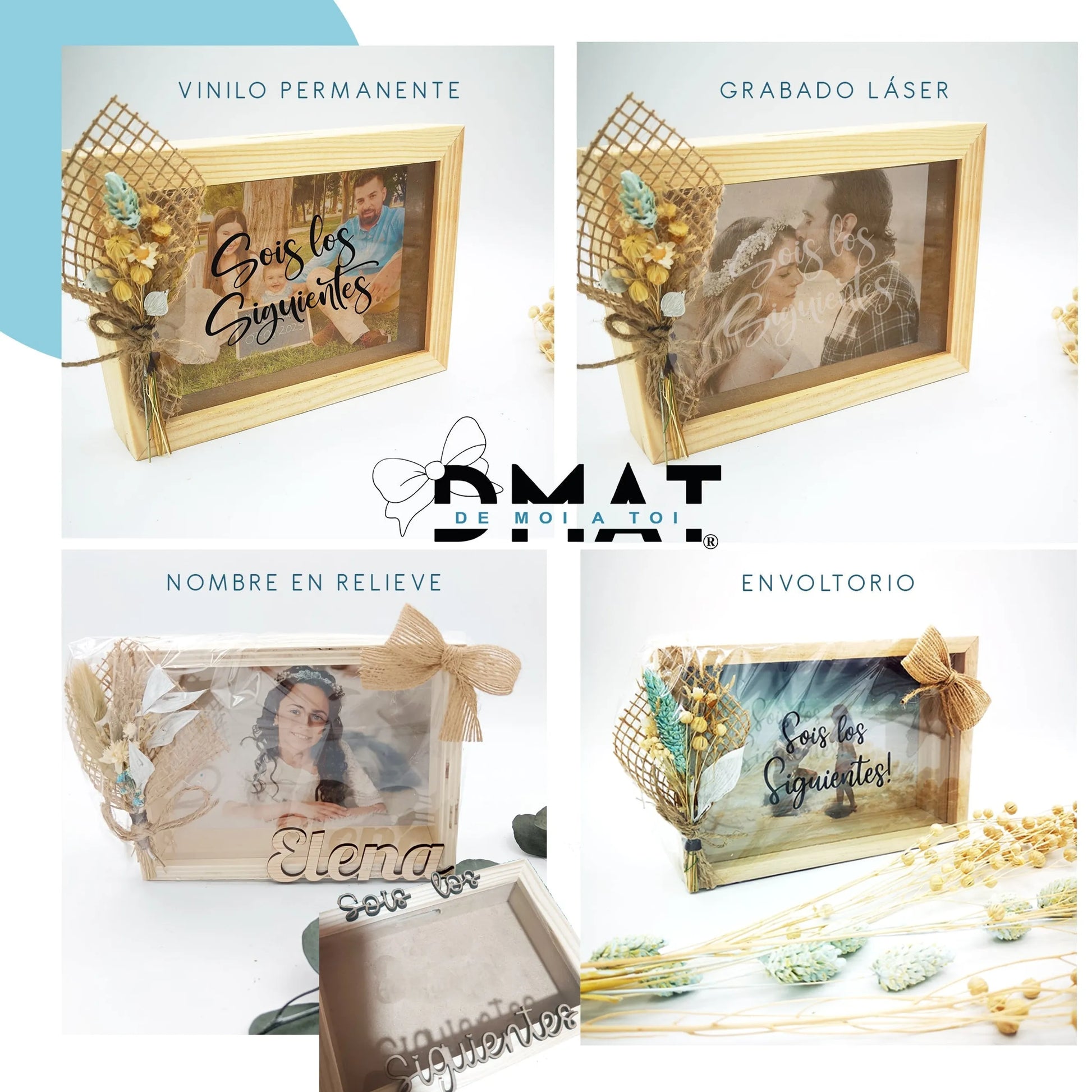 Hucha personalziada para los siguientes de boda con foto y flores naturales 
