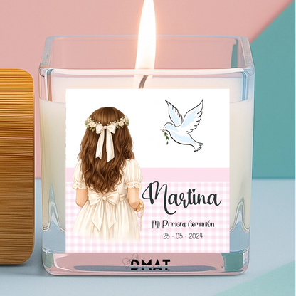 Vela aromática detalle invitados comunión niña vichy rosa decoración mesa