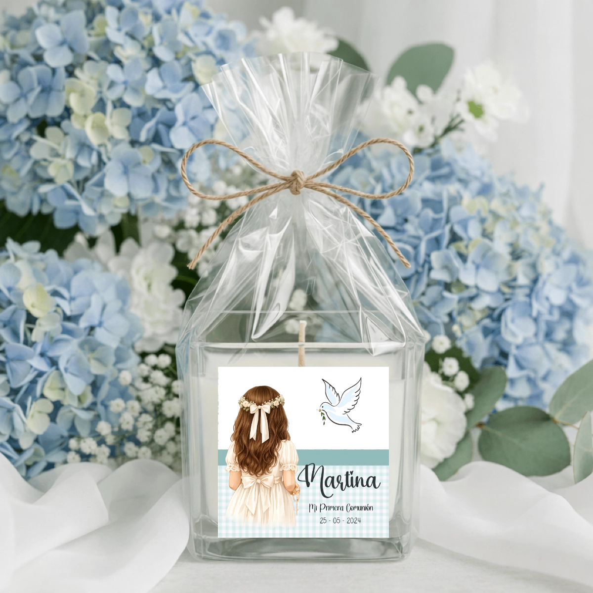Vela personalizada comunión diseño vichy verde con muñeca frasco cristal