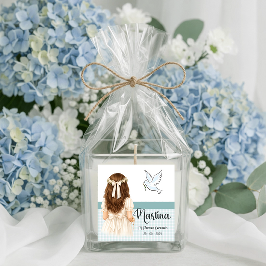 Vela personalizada comunión diseño vichy verde con muñeca frasco cristal