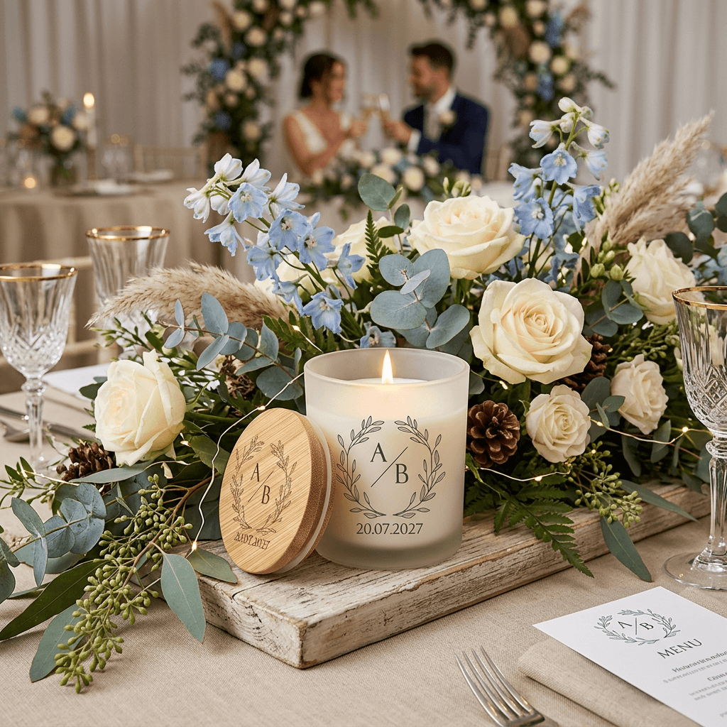 Vela aromática personalizada con tapa de bambú grabada a láser