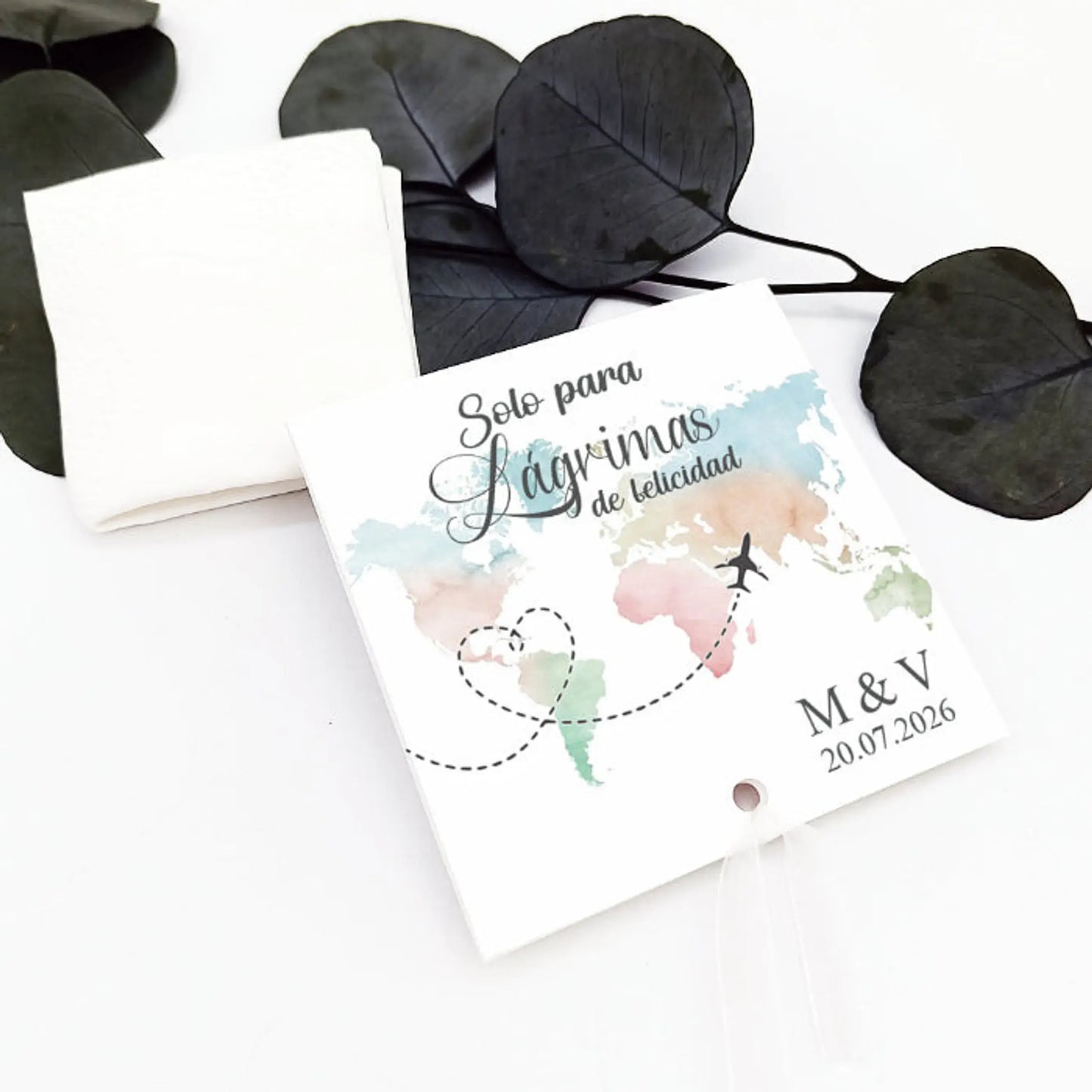 Lágrimas de felicidad personalizadas para boda diseño viajeros con pañuelo y mapa del mundo en acuarela