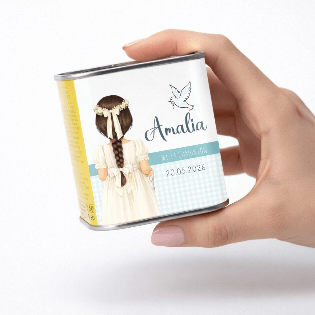 Lata de aceite personalizada comunión niña diseño Vichy, detalle para invitados