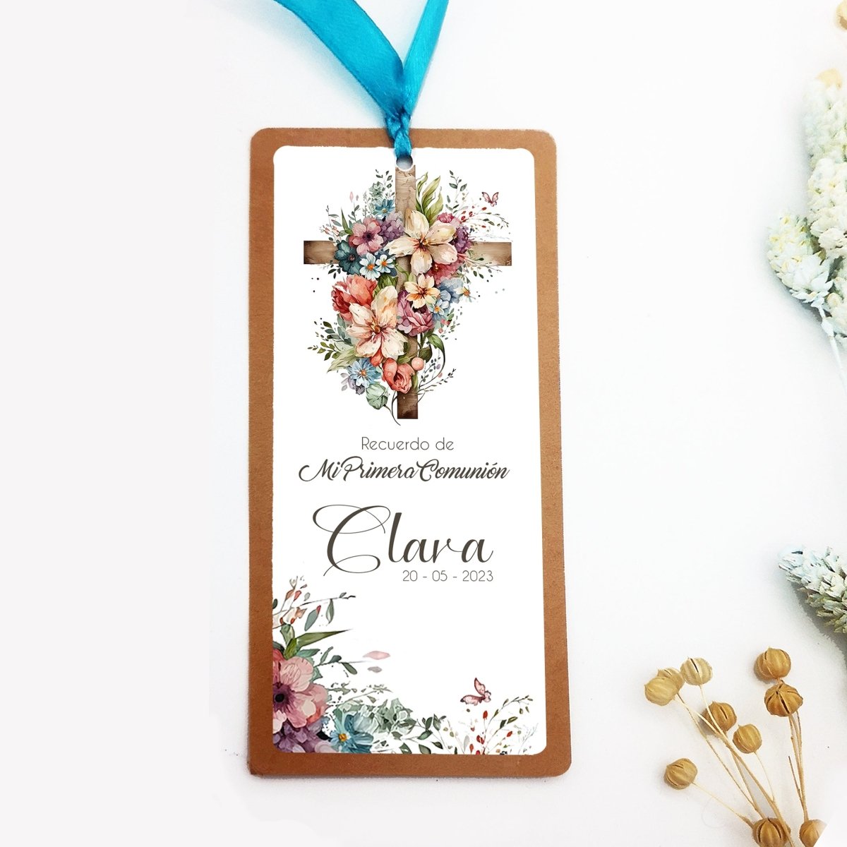 Recordatorio comunión punto de libro - Cruz Floral - Regalos originales personalizados - DE MOI À TOI |DMAT