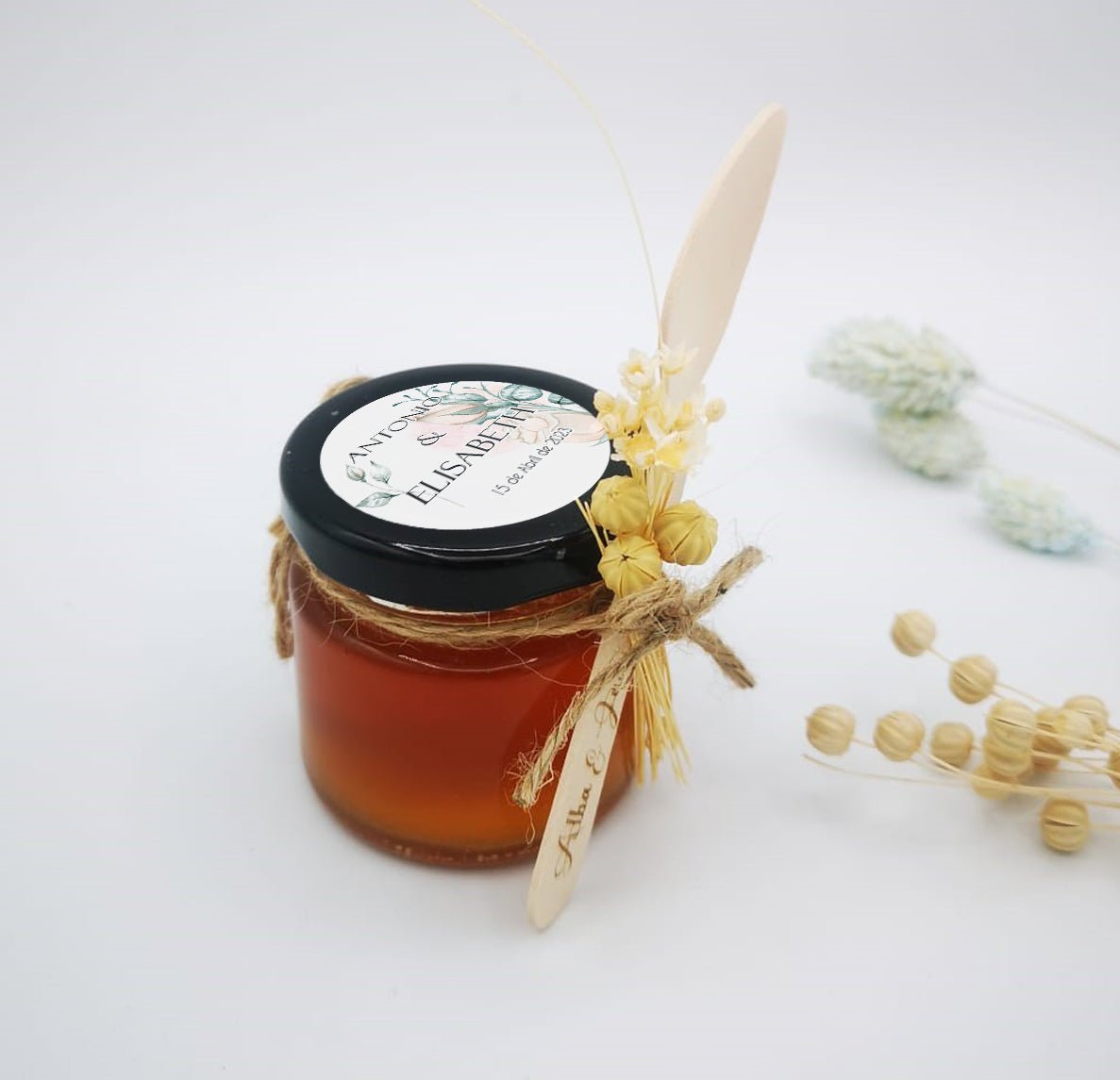 Tarro de miel con cuchara y flores - Regalo original personalizado - DE MOI À TOI