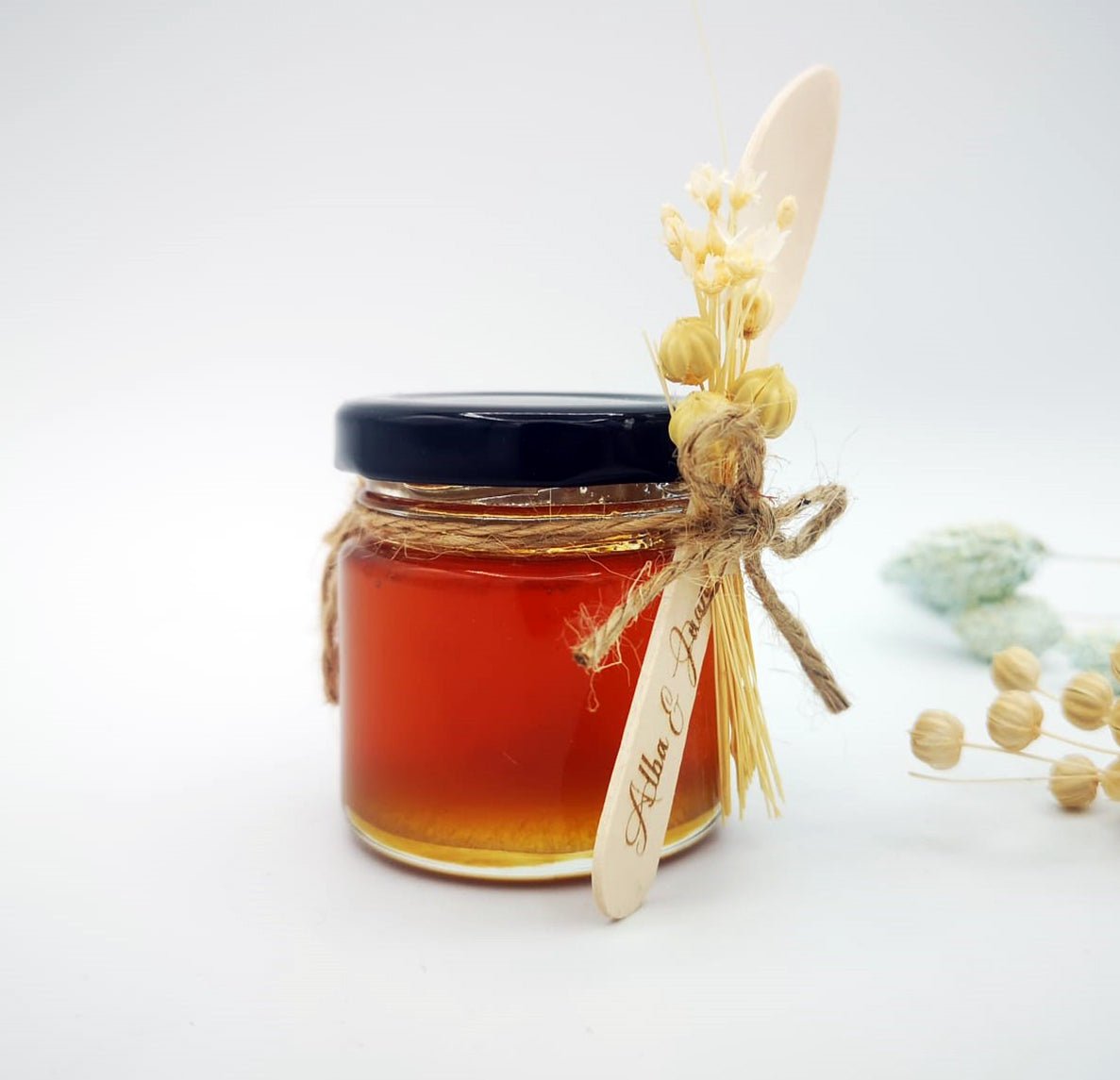 Tarro de miel con cuchara - Andrea House - cristal y madera - desayuno